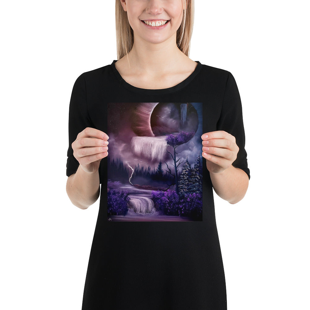 Poster Prints - Purple Full Moon Eclipse Portal Waterfall Landscape by PaintWithJosh