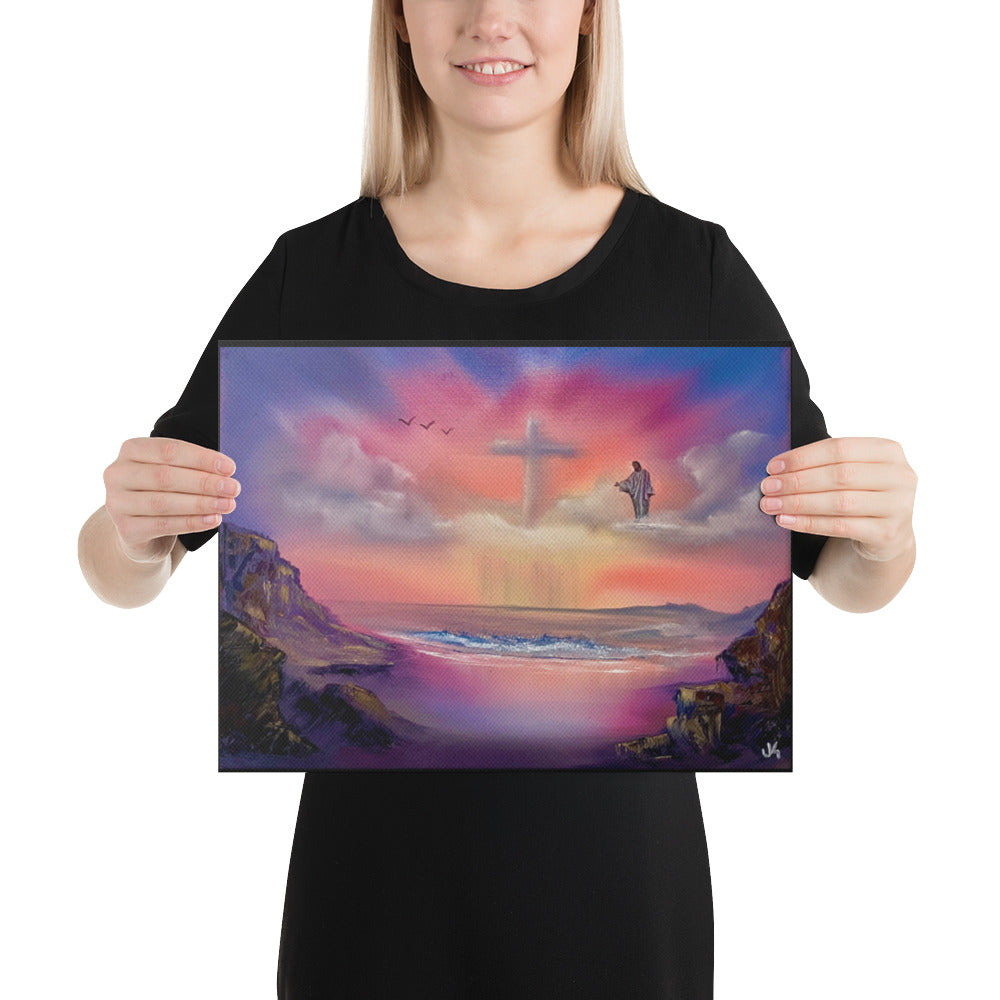 Canvas Print - Jesus with Cloud Cross Sunset Seascape by Paint With Josh