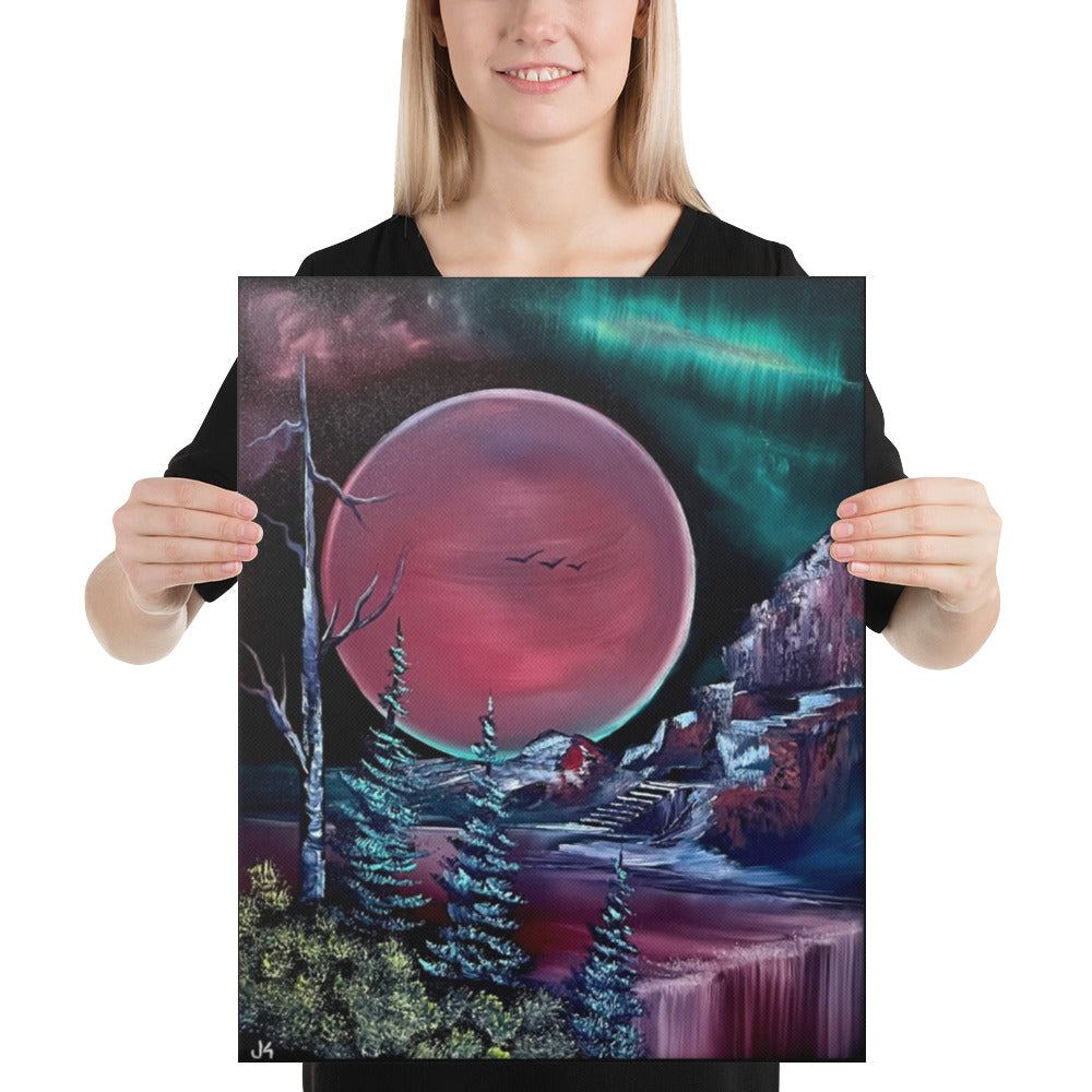Canvas Print - Crimson Waterfall Full Moon Landscape by PaintWithJosh