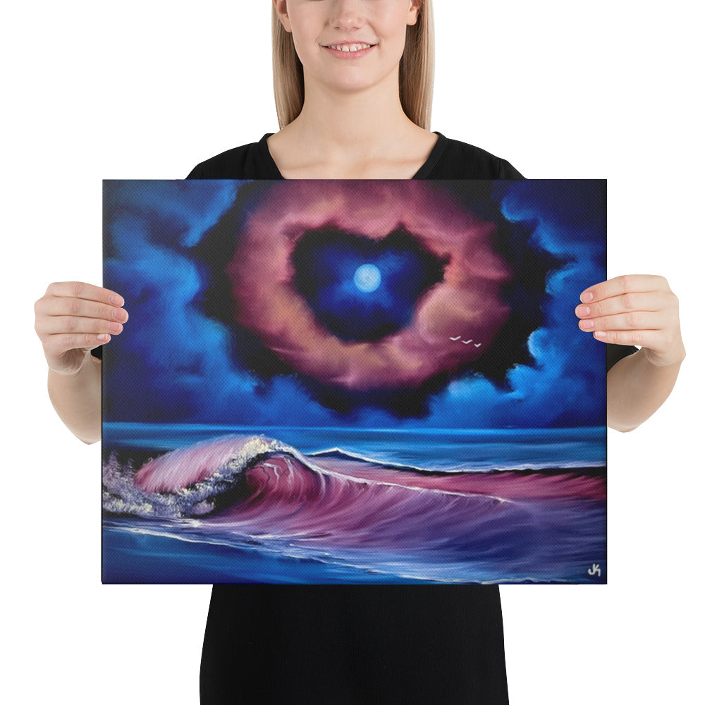 Canvas Print - Lover&#39;s Beach / Full Moon Heart Shaped Clouds Seascape by PaintWithJosh