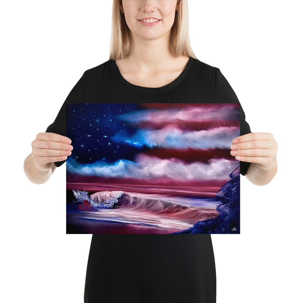 Poster Print Memorial Beach - American Flag USA Seascape Poster by PaintWithJosh