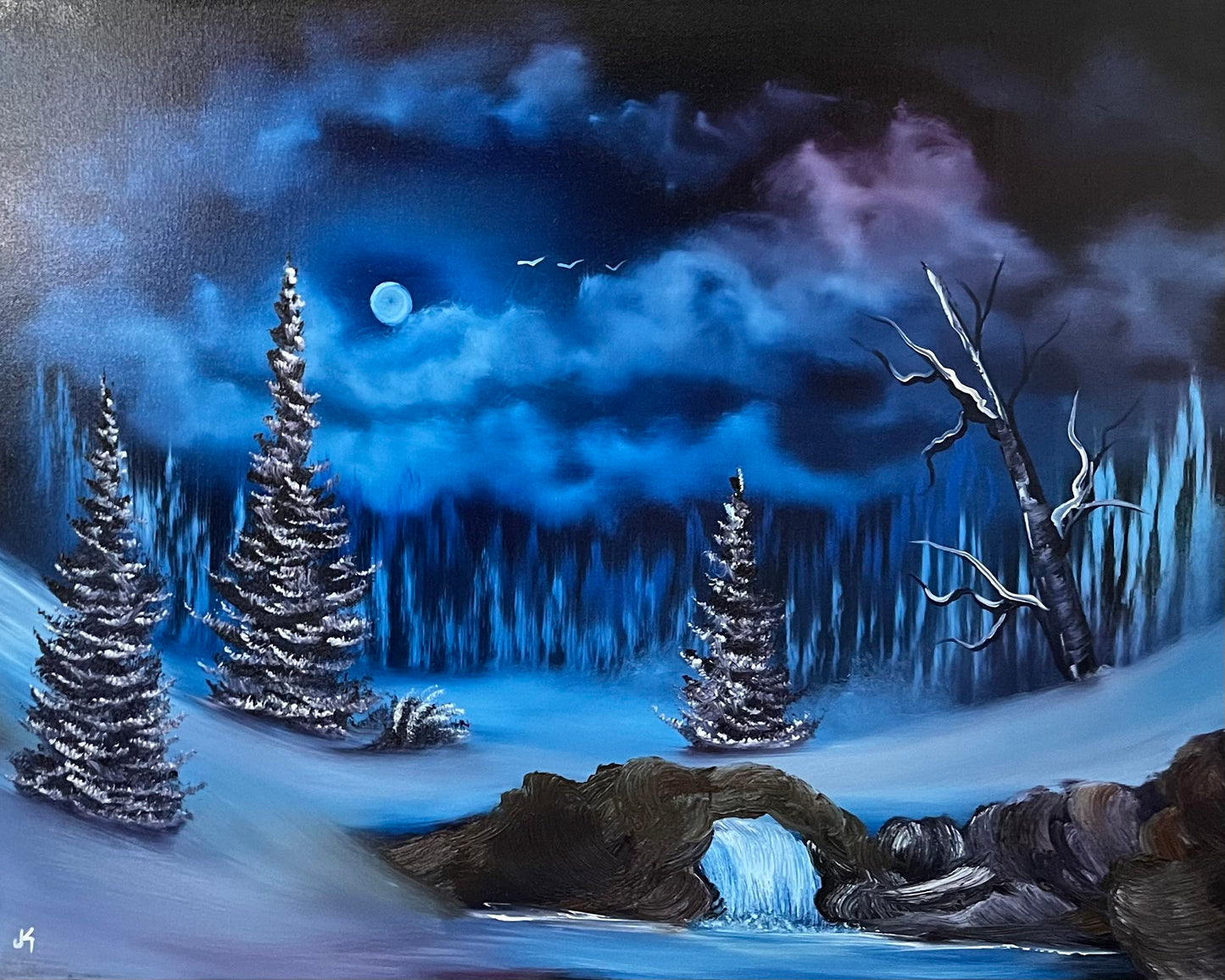 PWJ Classic - 24x30" Winter Waterfall Landscape Oil Painting on Black Canvas + Video