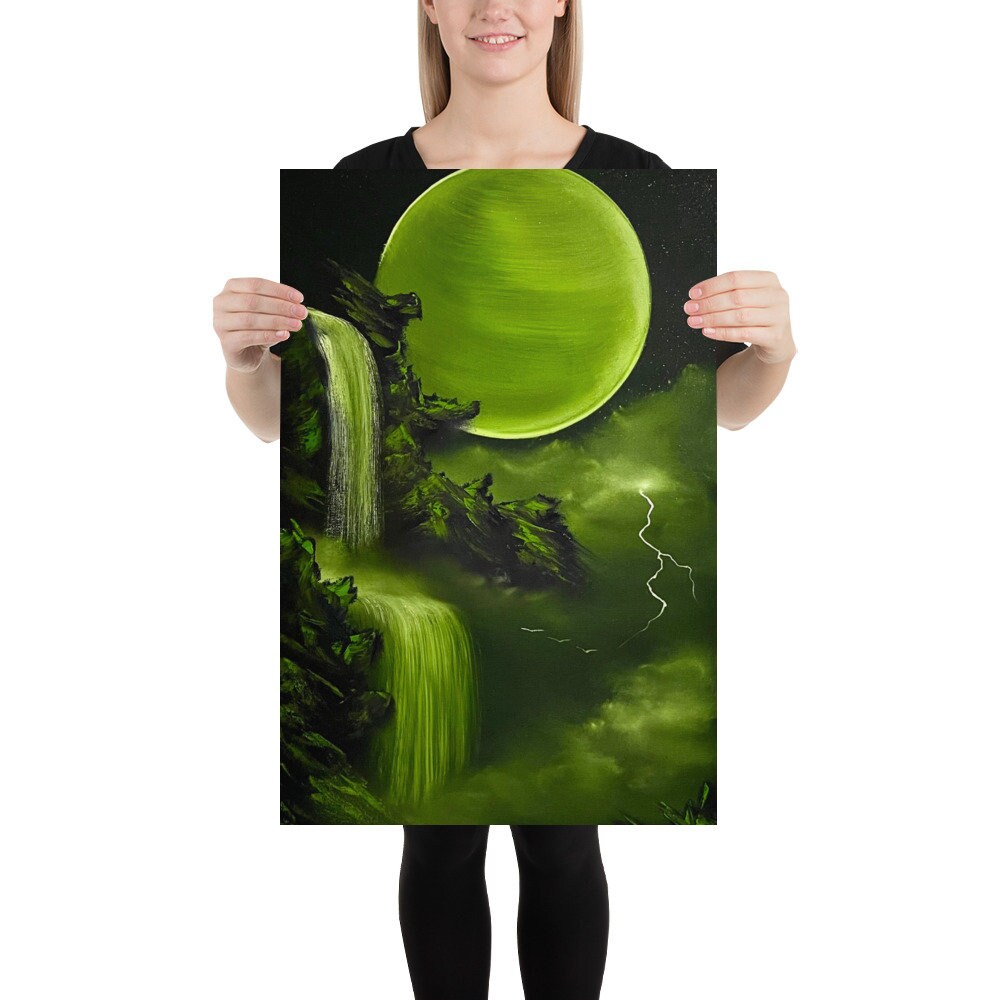 Poster Print - Green Full Moon Waterfall Landscape by PaintWithJosh