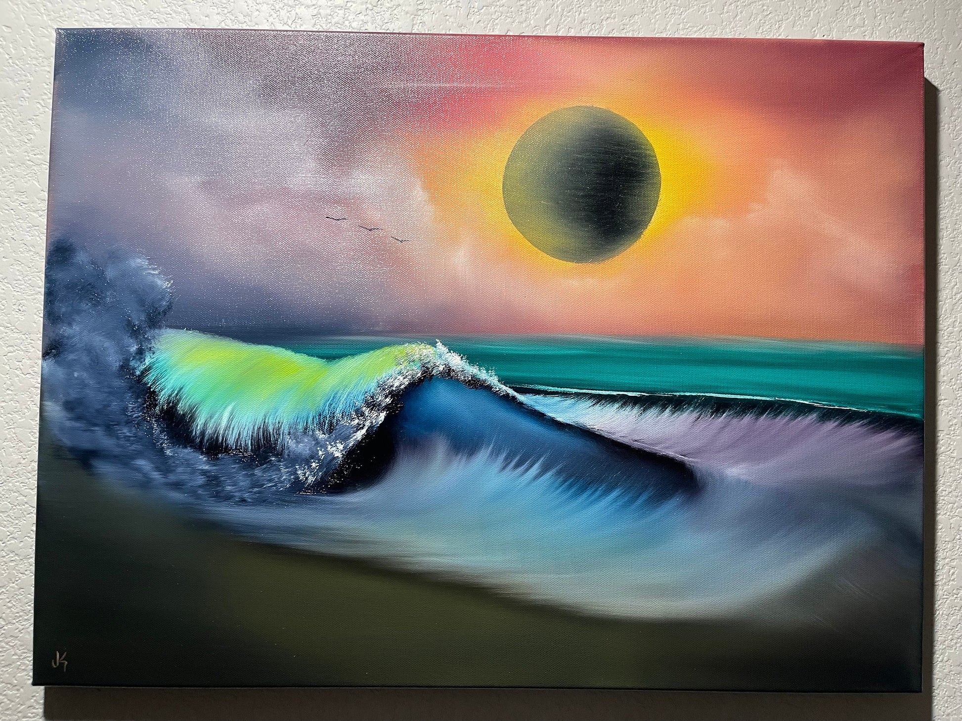 Painting 737 - 18x24" Sunset Eclipse Seascape - Total Eclipse of the Art - painted Live on 4/27/23 by PaintWithJosh