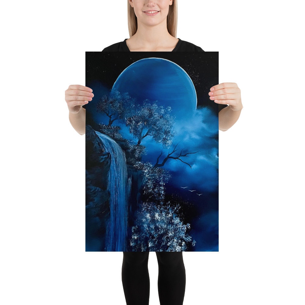 Poster Print - Blue Full Moon Waterfall Landscape by PaintWithJosh