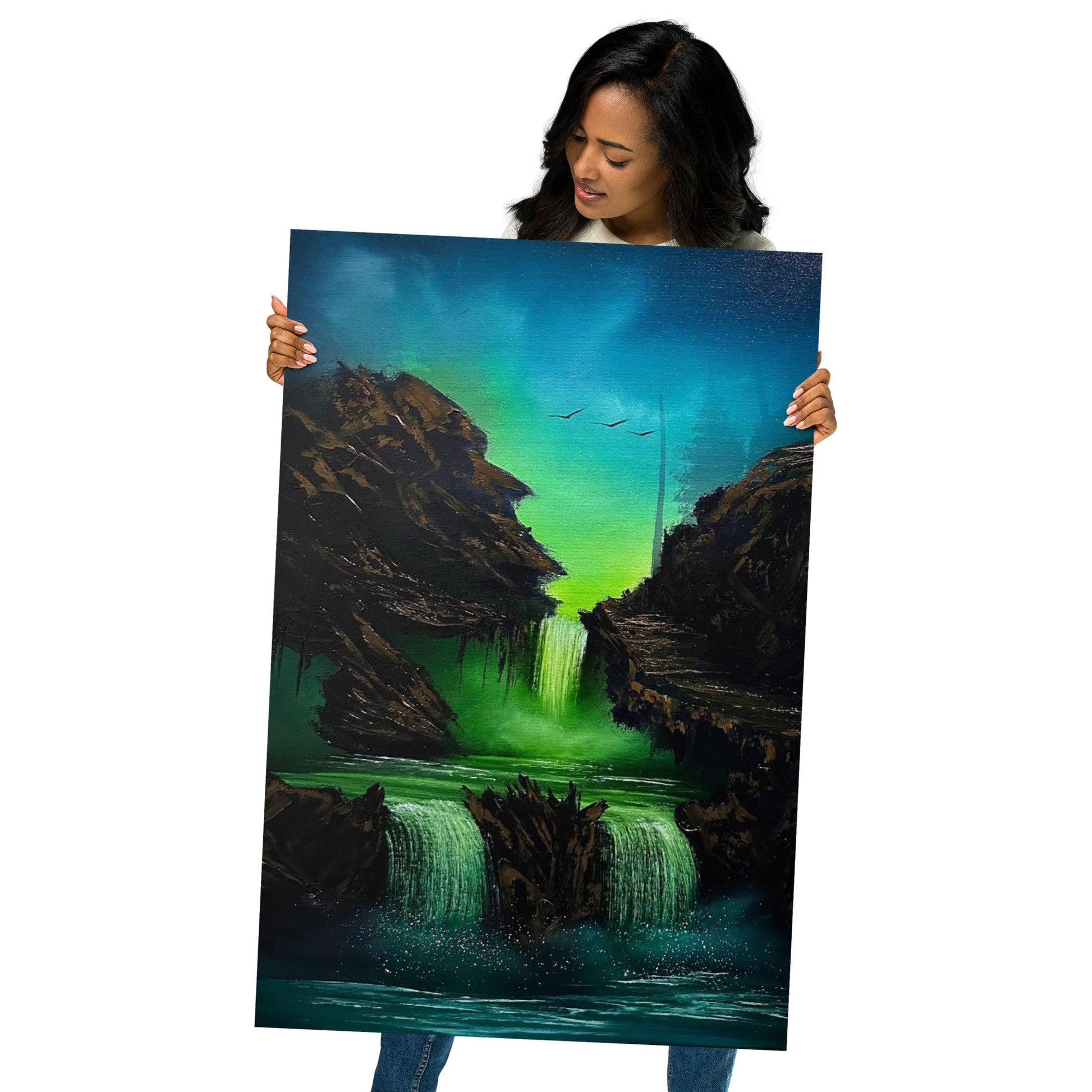 Poster Print - Blue Green Sky waterfall with rock face by PaintWithJosh