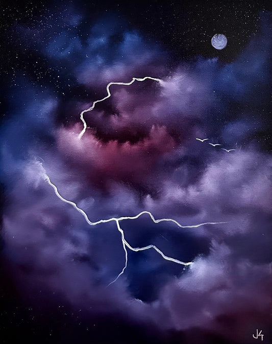 Custom Clouds with Lightning Oil Painting Painted Live on 16x20 black canvas TikTok - date To Be Determined