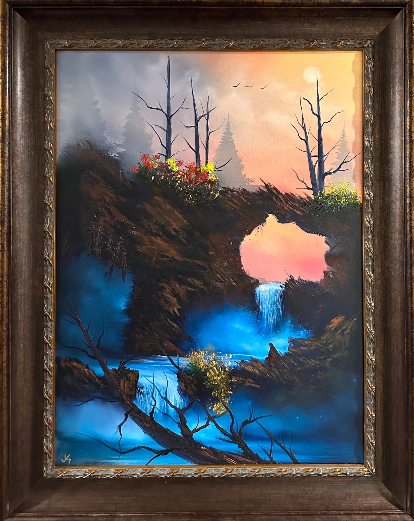 Painting 822 - 18x24" Sunset Canyon Waterfall with Heavy-duty Frame Painted Live at City of the World Art Gallery 6/17/23 by PaintWithJosh