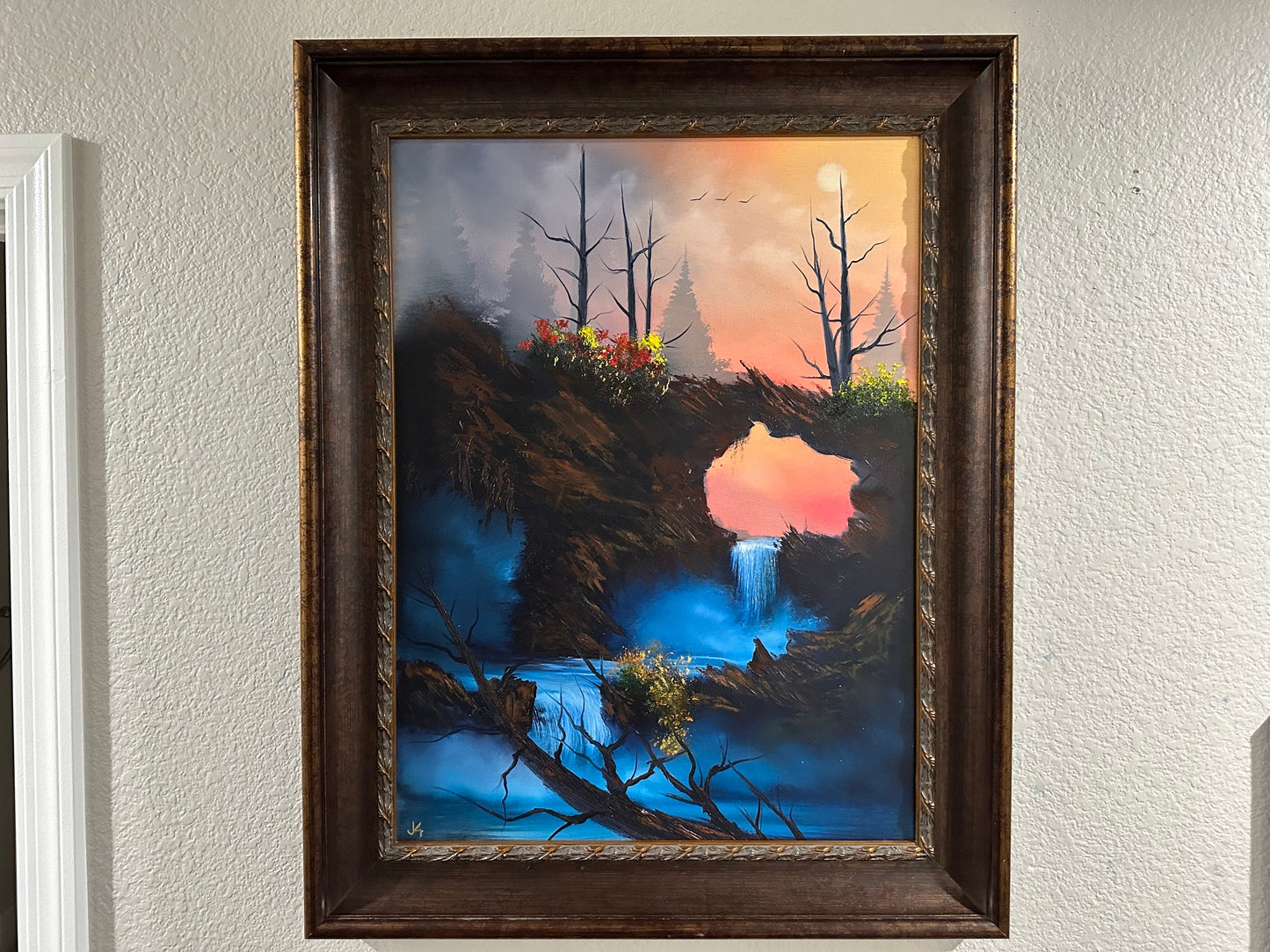 Painting 822 - 18x24" Sunset Canyon Waterfall with Heavy-duty Frame Painted Live at City of the World Art Gallery 6/17/23 by PaintWithJosh