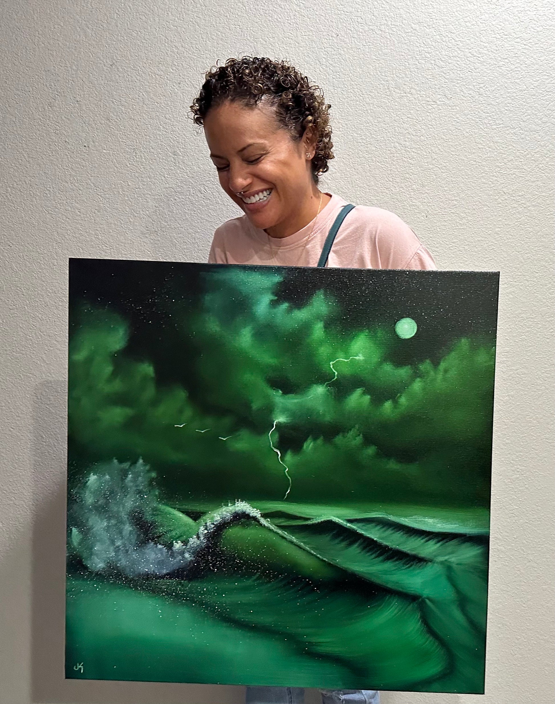Painting 915 - 24x24" Canvas Green Night Seascape with Crashing Waves & Poetery Book and framed poem from TikTok on 8/26/23 by PaintWithJosh