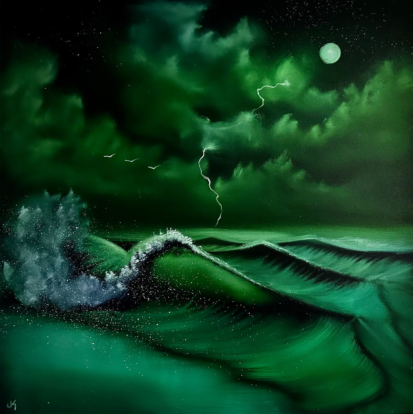 Painting 915 - 24x24" Canvas Green Night Seascape with Crashing Waves & Poetery Book and framed poem from TikTok on 8/26/23 by PaintWithJosh