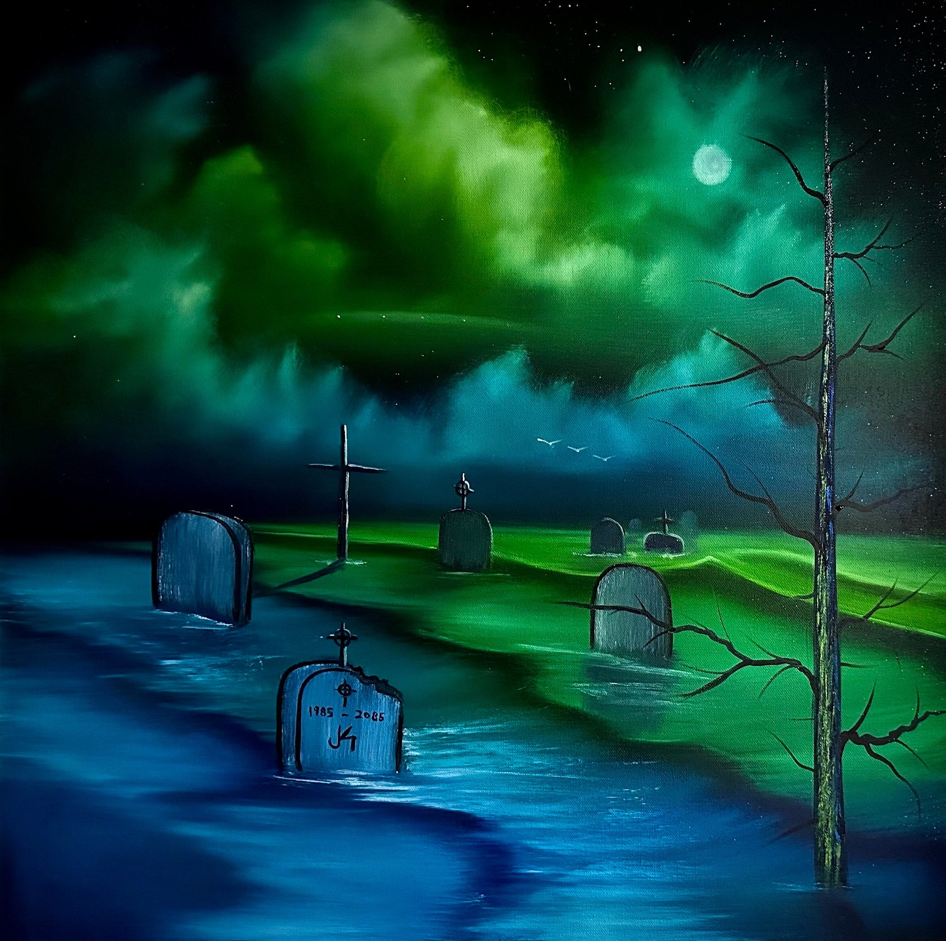 Painting 955 - 24x24" Pro Series Canvas Green Halloween Graveyard Seascape with Tombstones painted Live on TikTok - 9/22/23 by PaintWithJosh