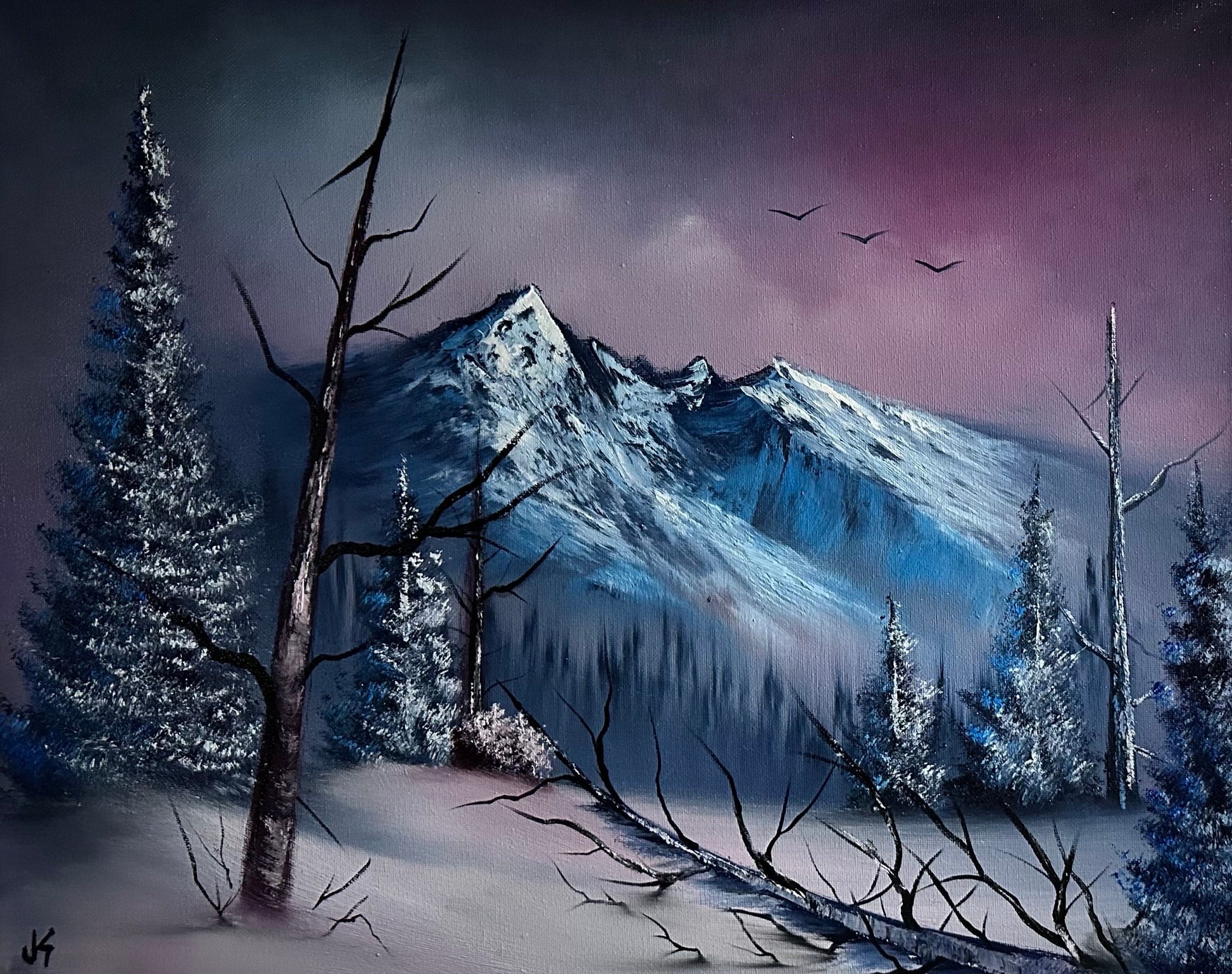 Painting 935 - 16x20" Canvas - Sunset Winter Oil Landscape painted Live on TikTok on 9/8/23 by PaintWithJosh
