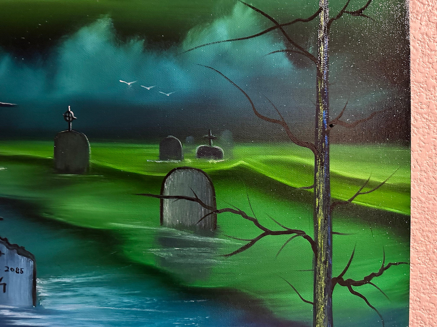 Painting 955 - 24x24" Pro Series Canvas Green Halloween Graveyard Seascape with Tombstones painted Live on TikTok - 9/22/23 by PaintWithJosh