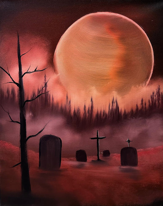 Painting 974 - 16x20" Canvas - Full Moon Cemetery Oil Landscape painted Live during class on 10/6/23 by PaintWithJosh - Paint With Josh