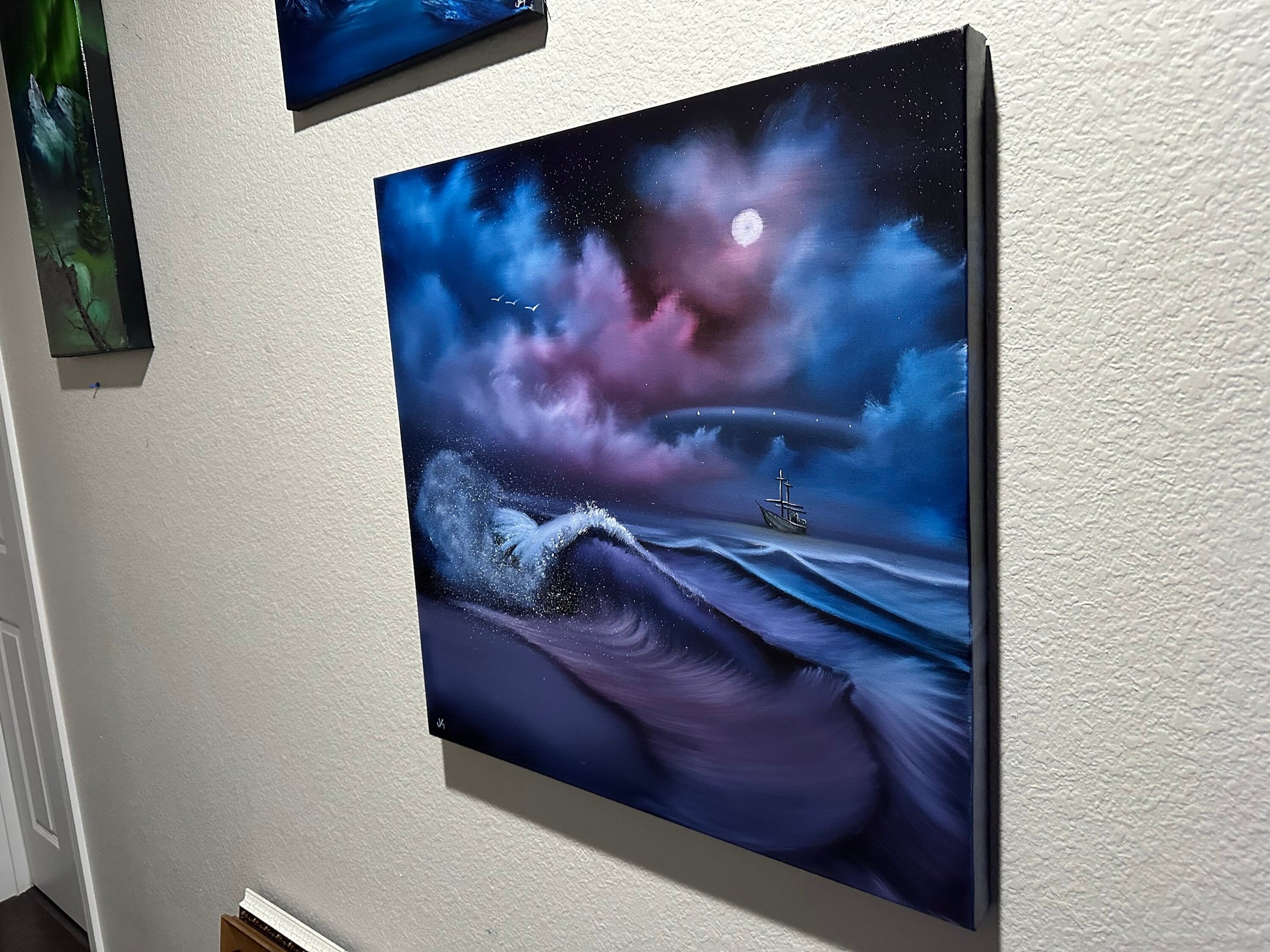 Painting 967 - 24x24" Pro Series Canvas Blue / Purple Seascape with Ghost Ship and UFO painted Live on TikTok - 9/30/23 by PaintWithJosh