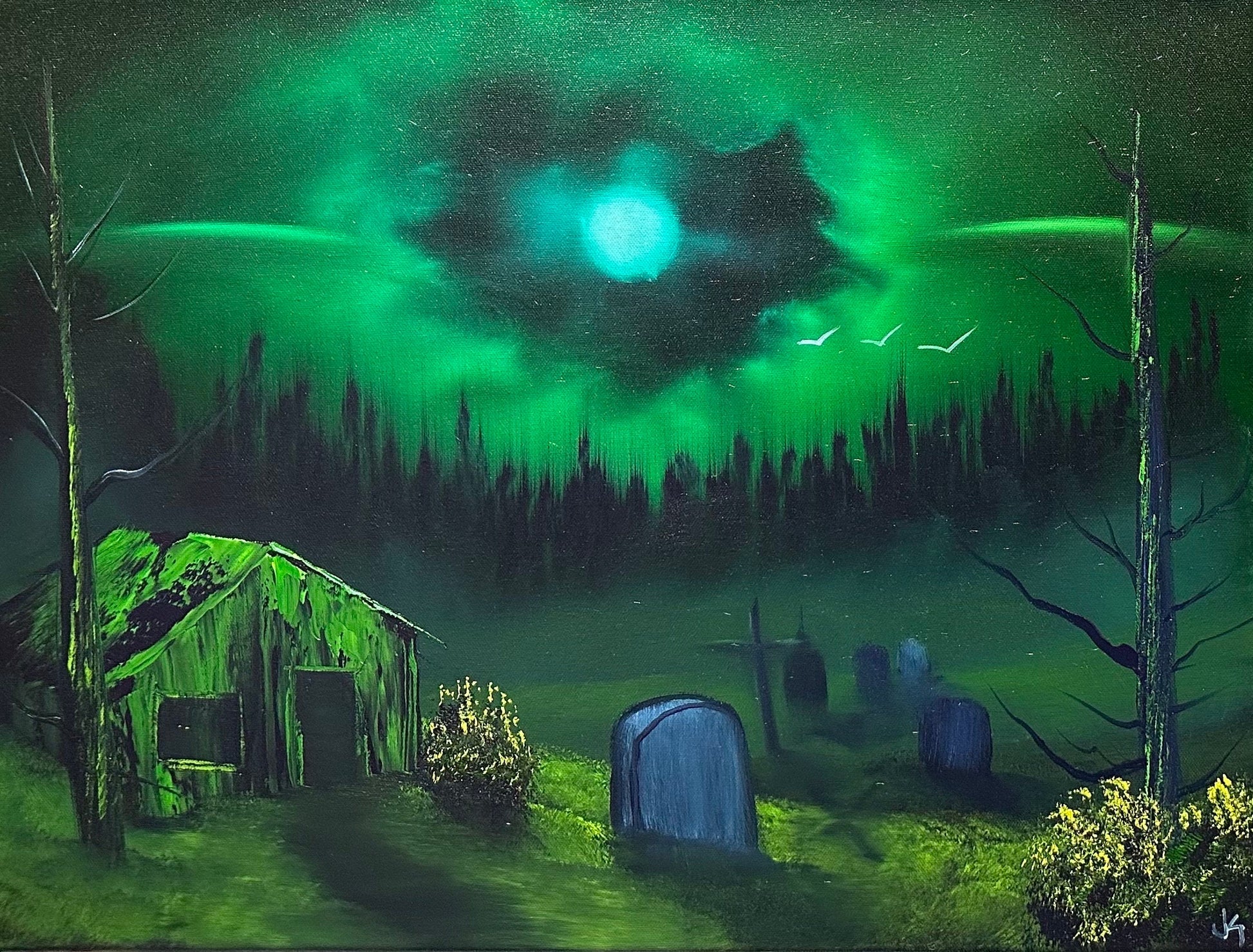 Painting 986 - 18x24" Halloween UFO Graveyard Landscape painted in Class on 10/19/23 by PaintWithJosh