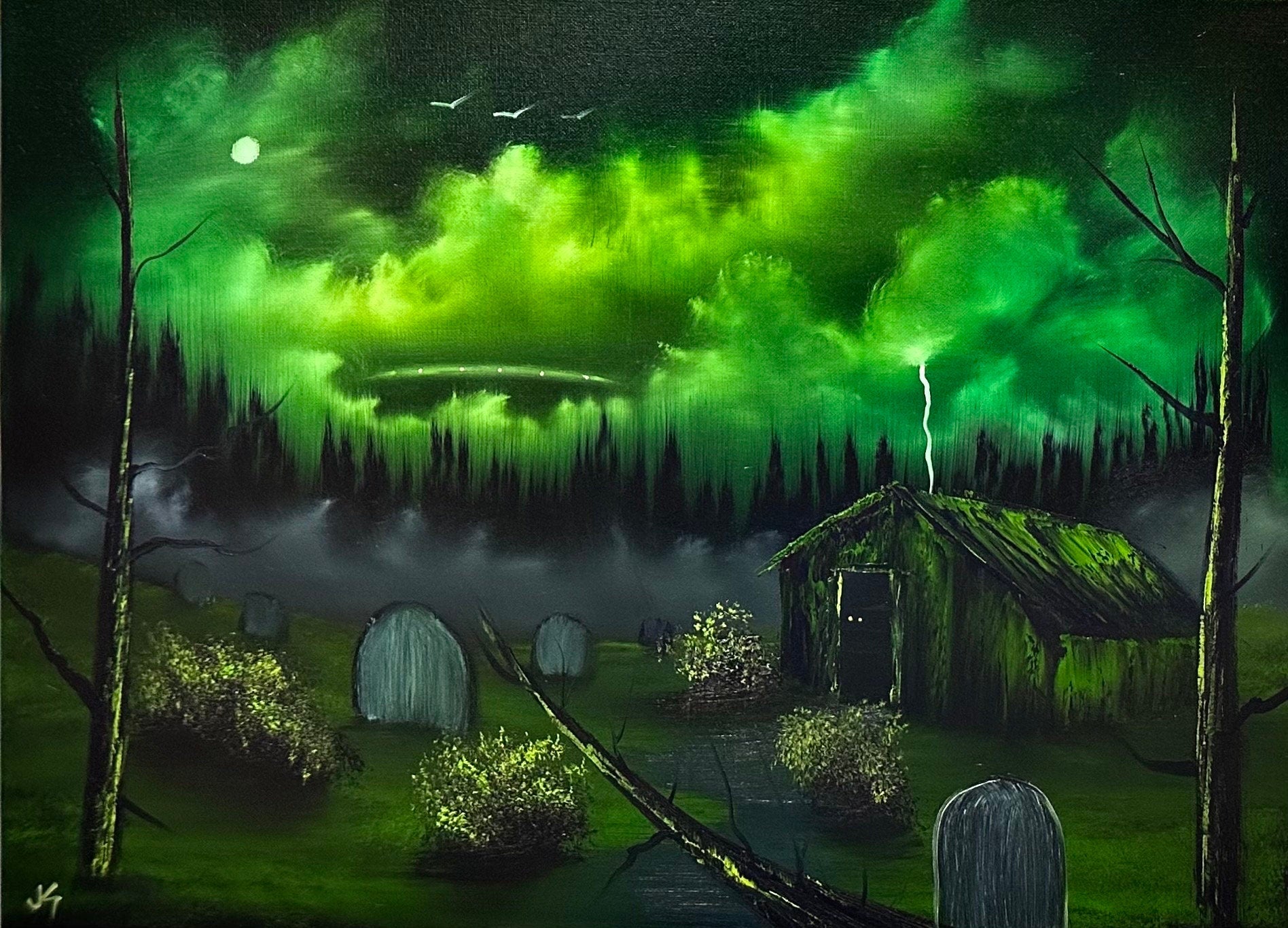 Painting 992 - 18x24" Halloween UFO Graveyard Landscape painted in Class on 10/23/23 by PaintWithJosh